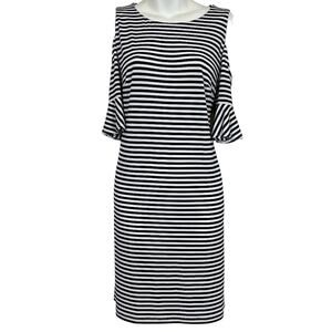 Donna Morgan Women's Striped Bell Half Sleeve Cold Shoulder Jersey Knit Dress  6